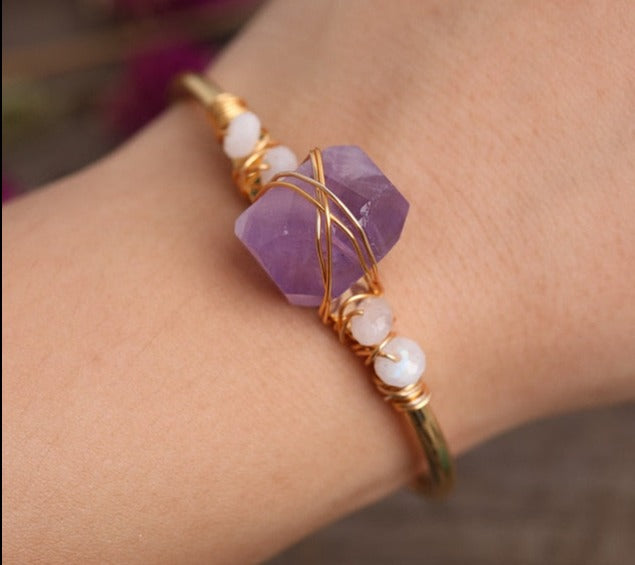 Amethyst Crystal Gold Wire Wrap  Bracelets