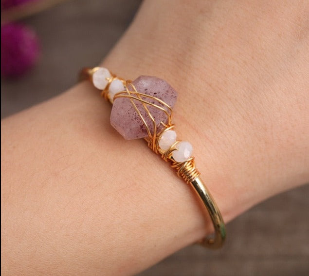 Strawberry Quartz Crystal Gold Wire Wrap  Bracelets