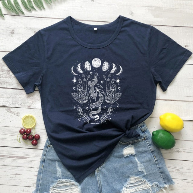 Snake Moon Crystal Navy Blue T-Shirt