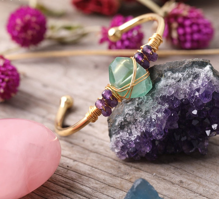 Green Fluorite Crystal Gold Wire Wrap  Bracelets