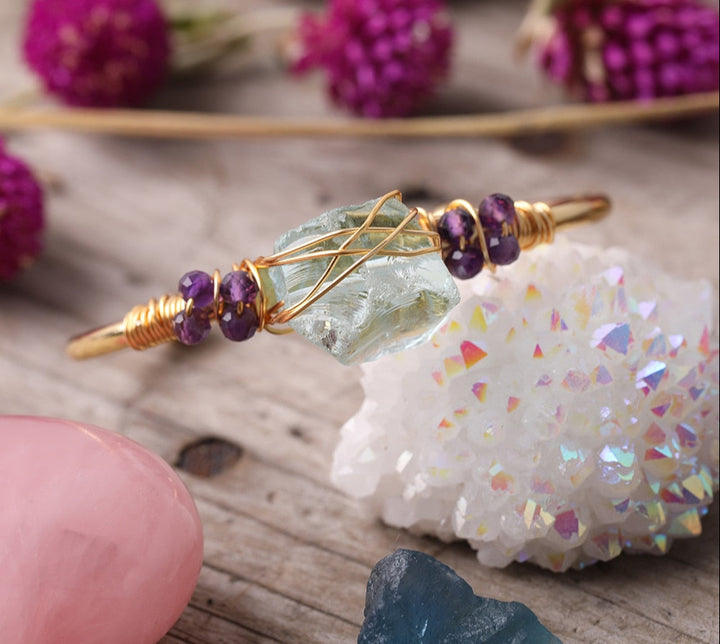 Aquamarine Crystal Gold Wire Wrap  Bracelets