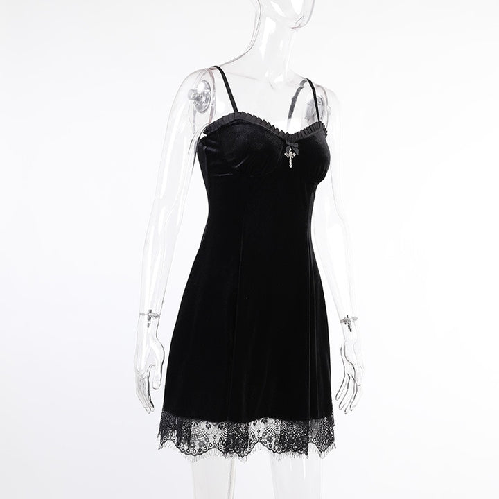 Gothic Black Velvet Lace Dress