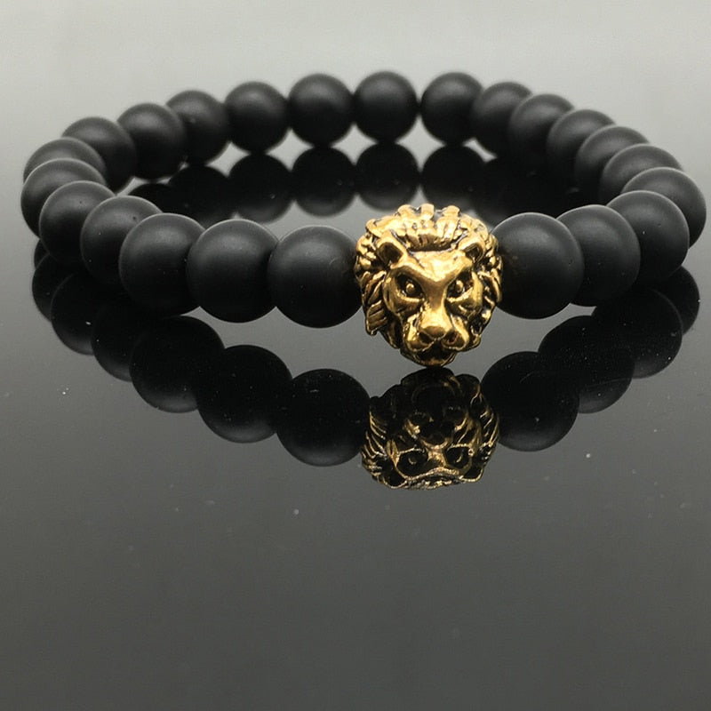 Lion Charm Onyx Bead Bracelet
