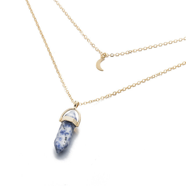 Sodalite Crystal Moon Gold Necklace