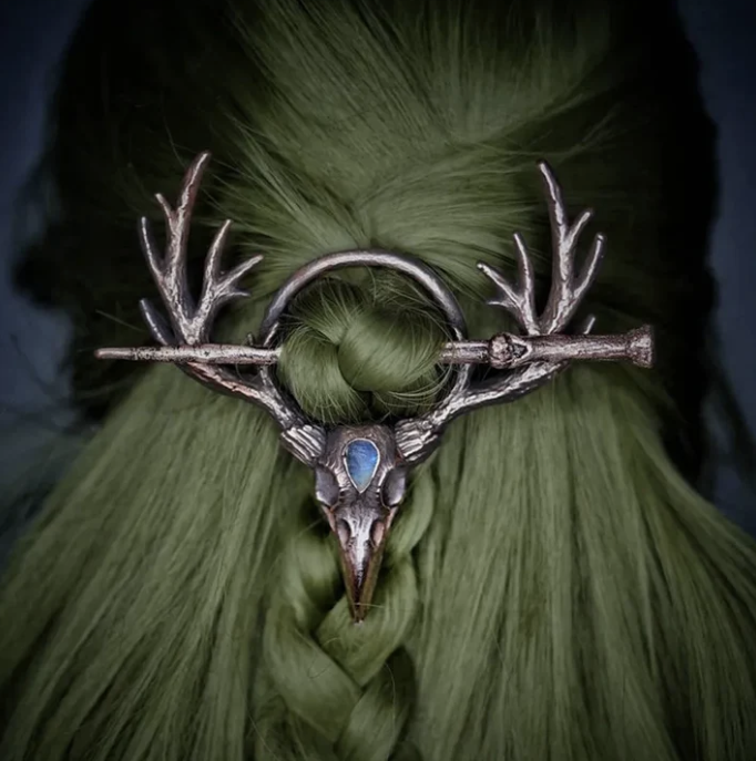 Moonstone Antler Crow Copper Hair Pin For Sale | Green Witch Creations