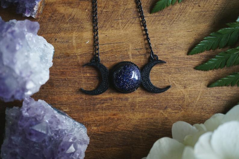 Blue Goldstone Triple Moon Necklace For Sale | Green Witch Creations