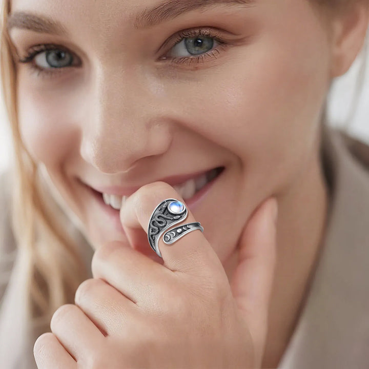 925 Sterling Silver Snake Moon Phase Ring