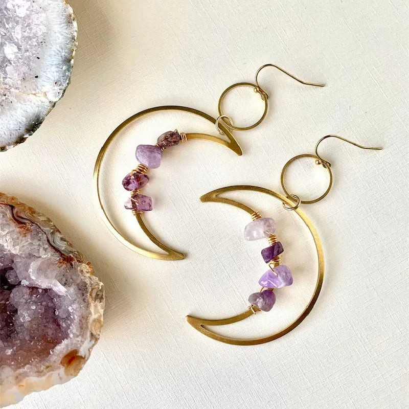 Amethyst Crescent Moon Gold Earrings