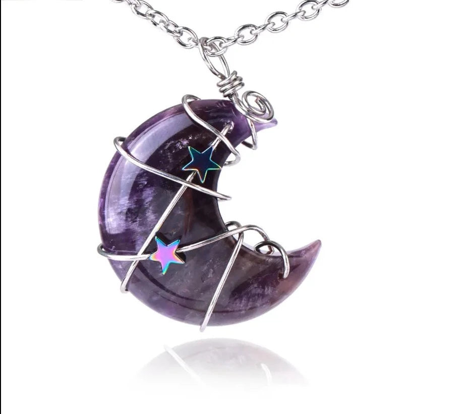 Amethyst Crescent Moon & Star Wire Wrap Silver Necklace