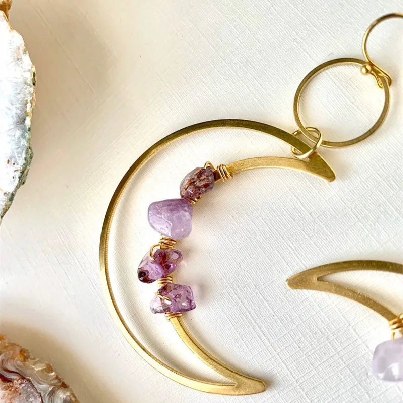 Amethyst Crystal Crescent Moon Gold Earrings