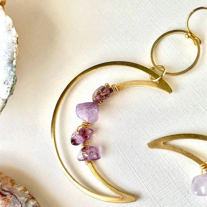 Amethyst Crystal Crescent Moon Gold Earrings