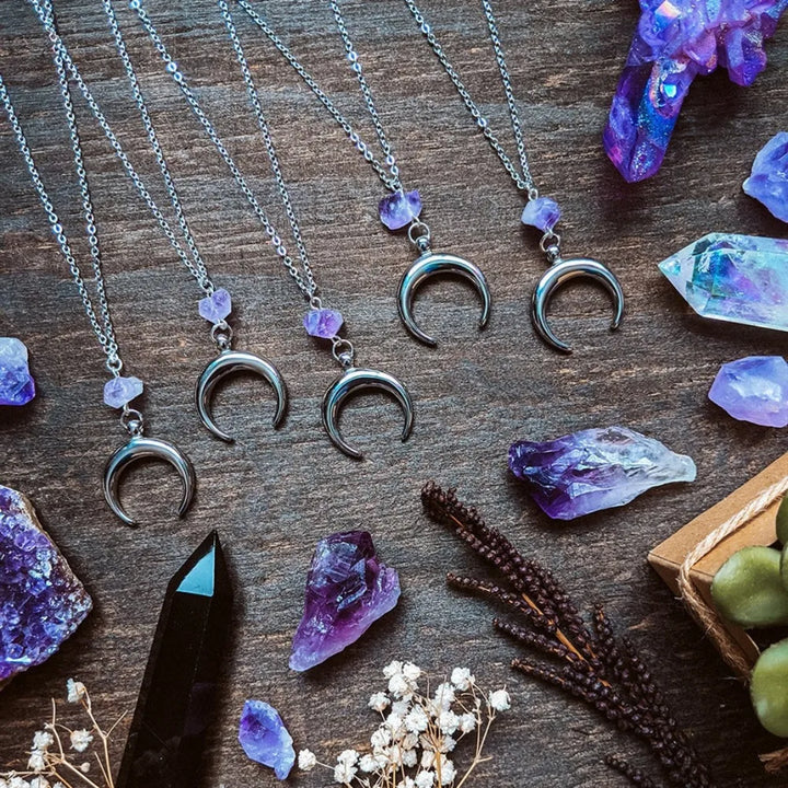 Amethyst Crystal Crescent Moon Necklaces
