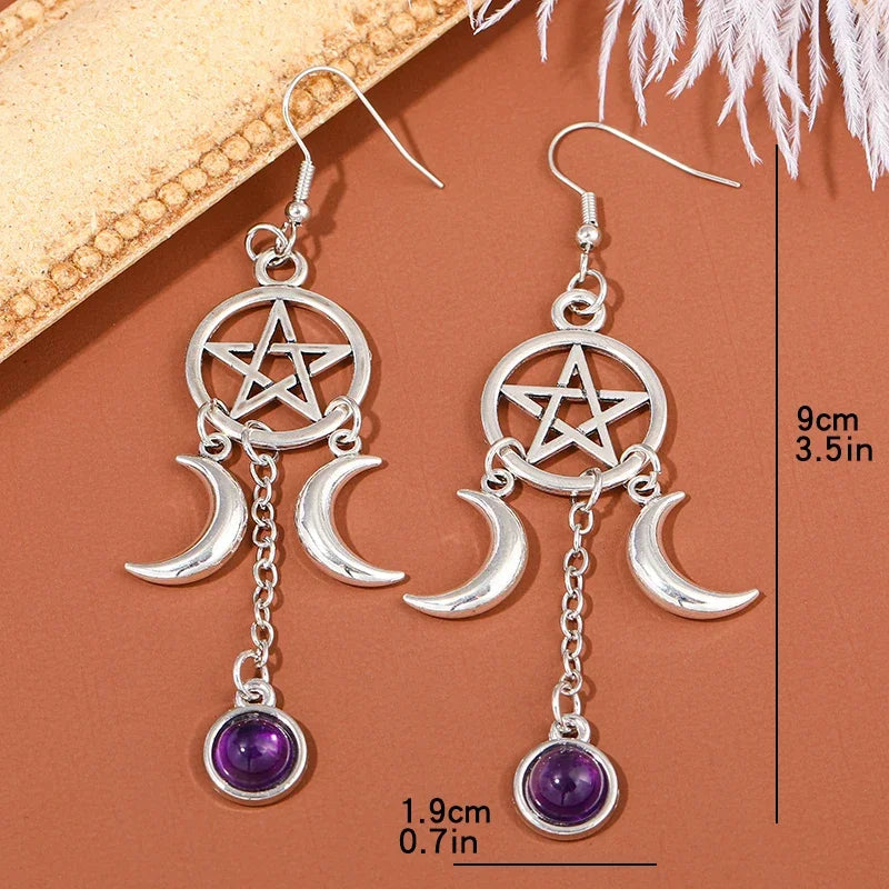 Amethyst Crystal Pentacle Moon Earrings