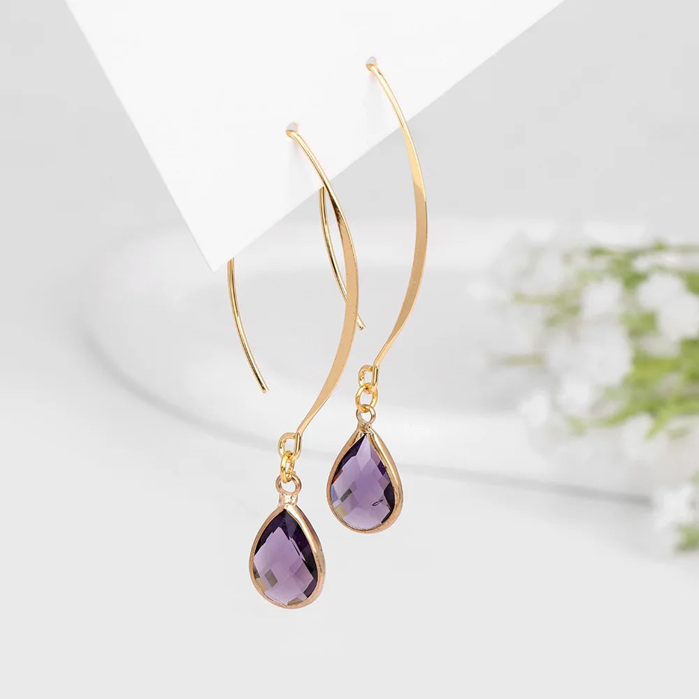 Amethyst Crystal Teardrop Gold Earrings