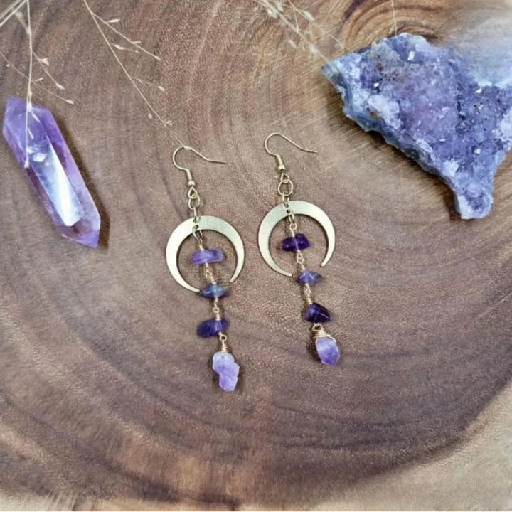 Amethyst Gold Crescent Moon Earrings