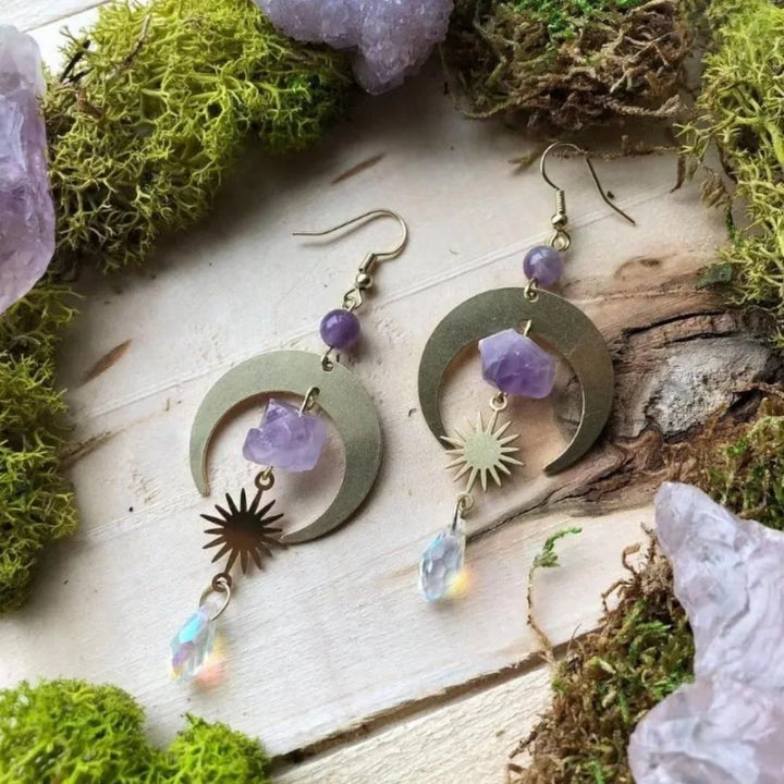 Amethyst Gold Moon Earrings