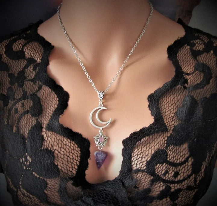 Amethyst Moon Pentacle Pendulum Necklace