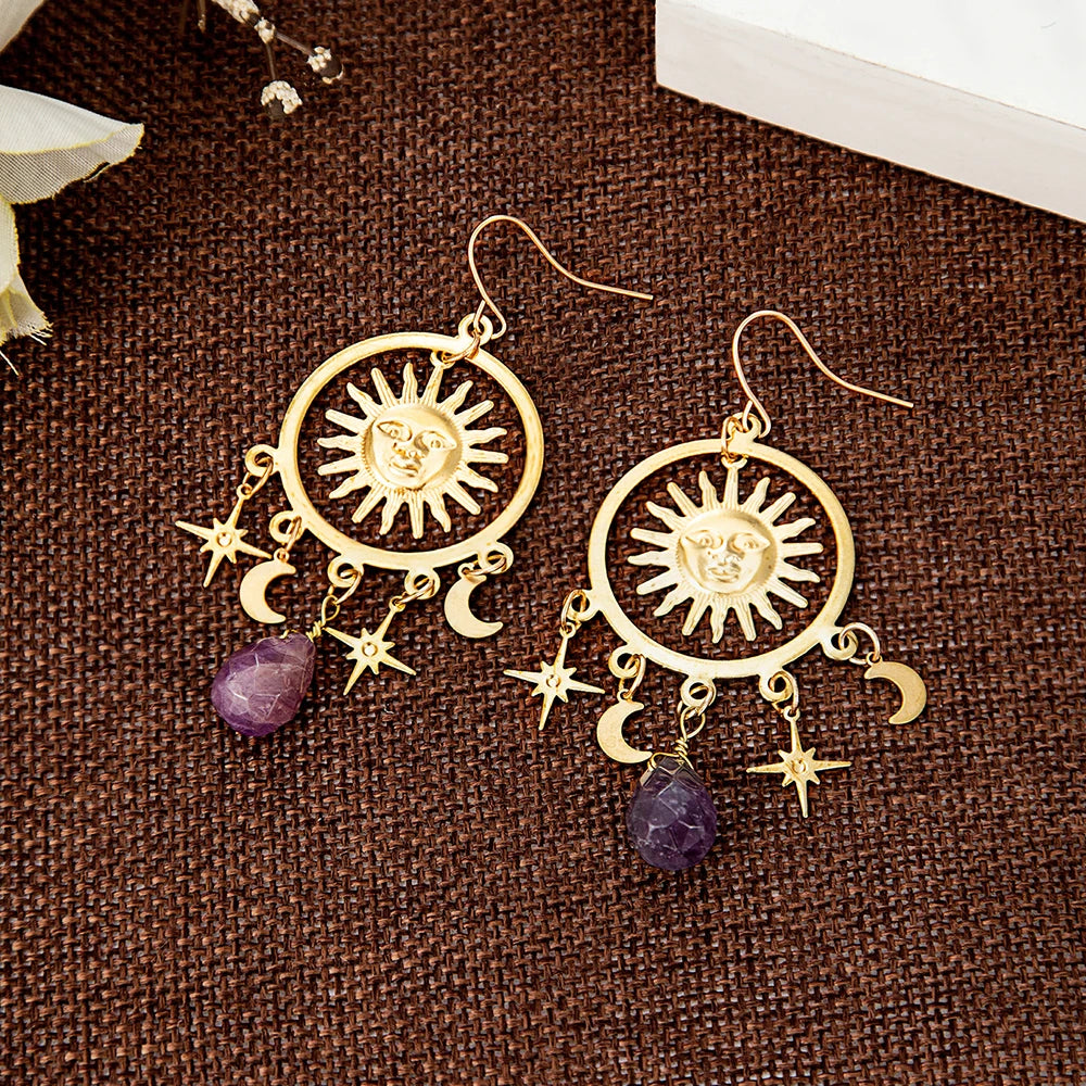 Amethyst Moon Sun Star Boho Earrings
