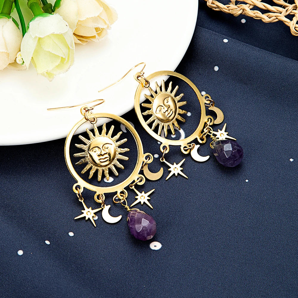 Amethyst Moon Sun Star Earrings