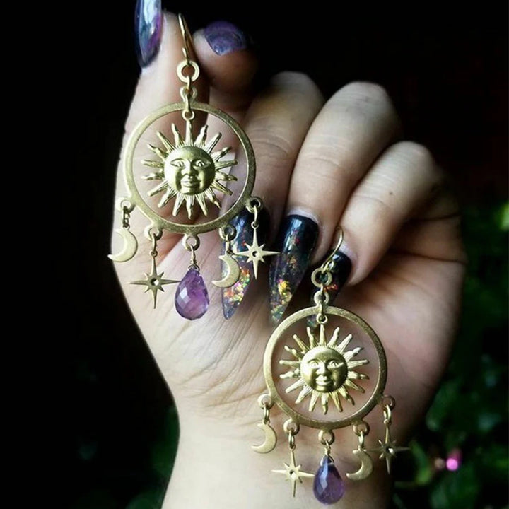 Amethyst Moon Sun Star Gold Earrings