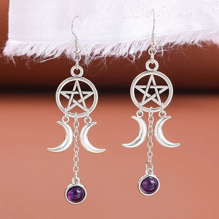 Amethyst Pentacle Moon Earrings