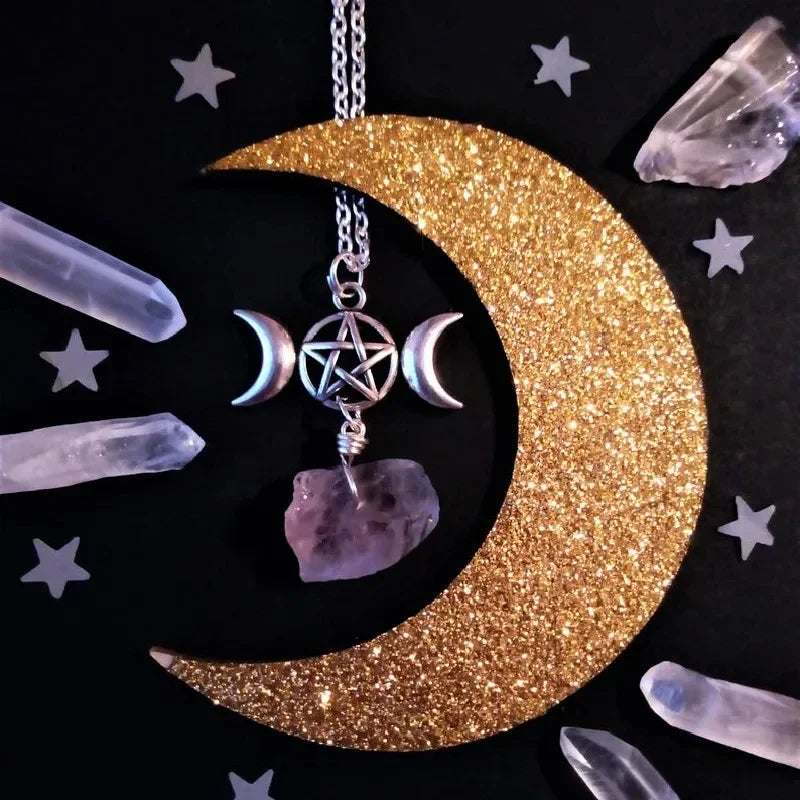 Amethyst Triple Moon Pentacle Choker Necklace