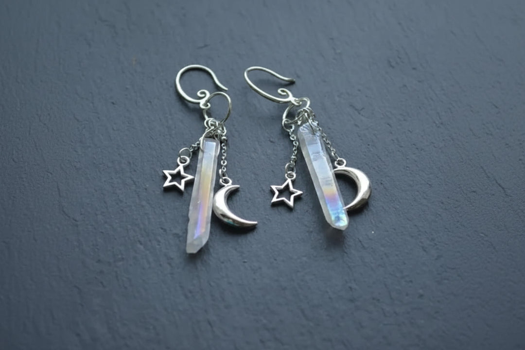 Angel Aura Quartz Silver Moon Earrings