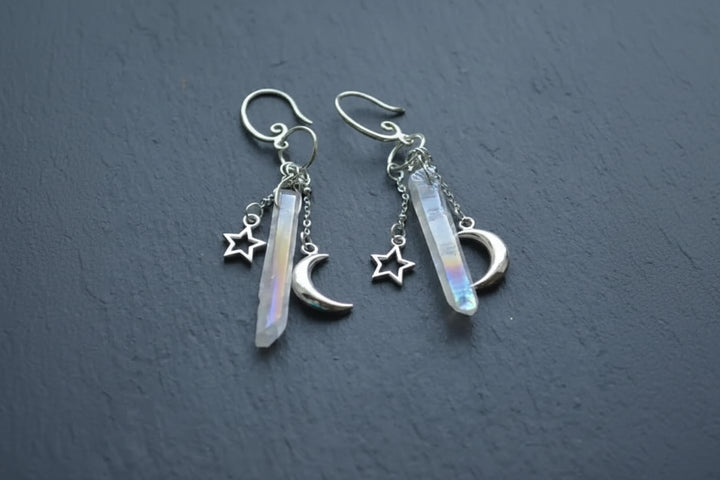 Angel Aura Quartz Silver Moon Earrings