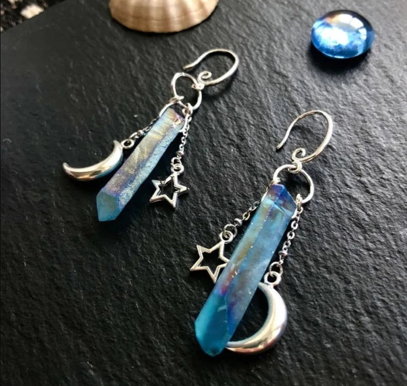 Aqua Aura Quartz Moon Earrings