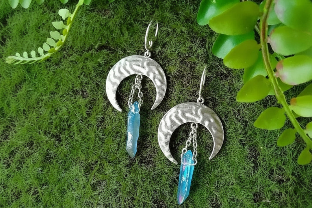 Aqua Aura Quartz Silver Moon Earrings