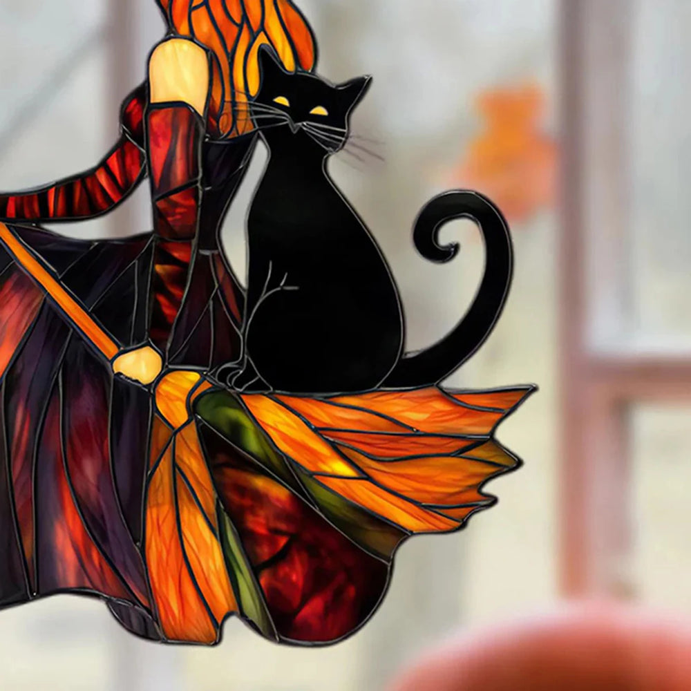 Autumn Witch Black Cat Suncatcher