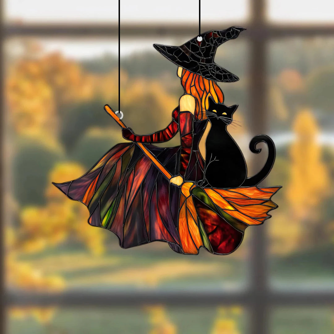 Autumn Witch Black Cat Window Suncatcher