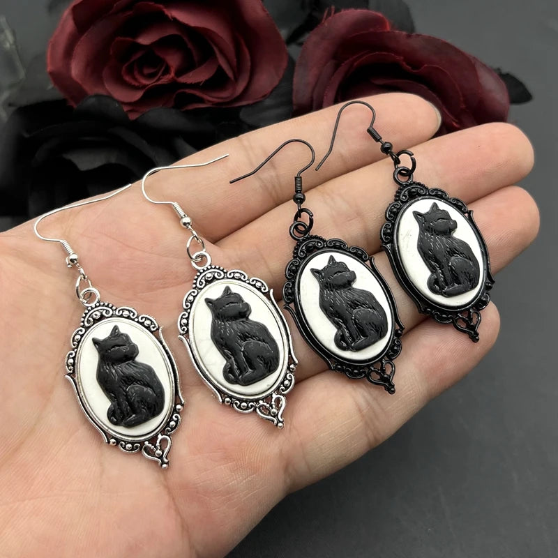 Black Cat Cameo Earrings