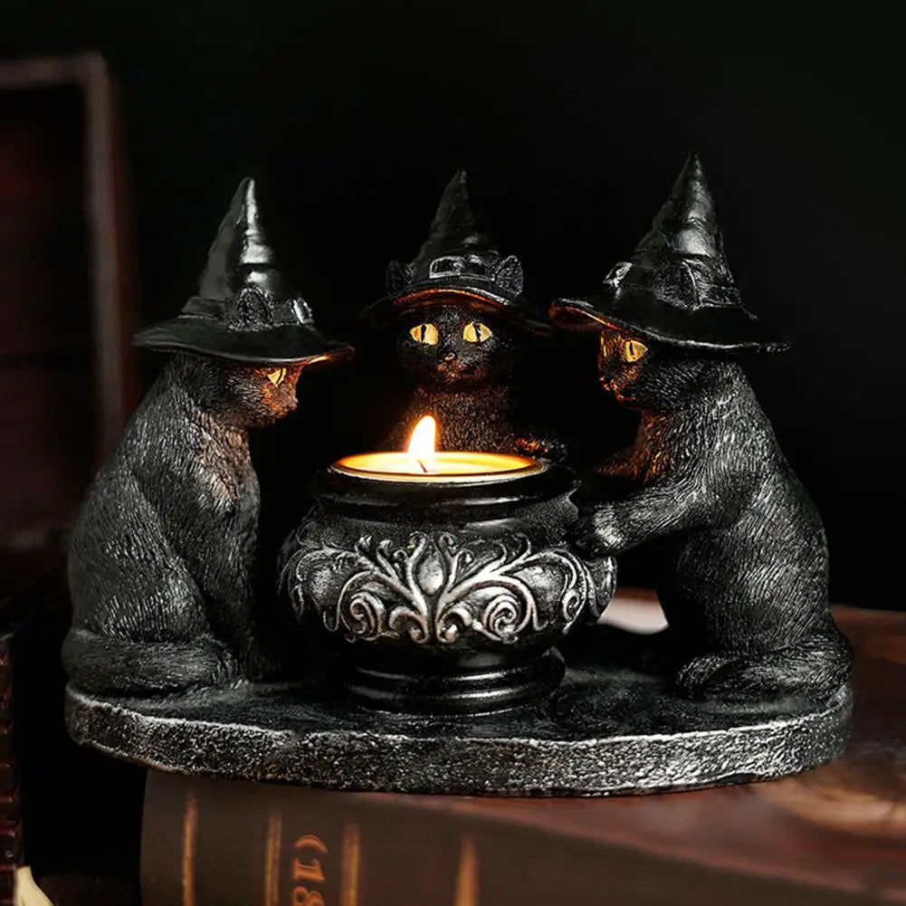 Black Cat Cauldron Candle Holder