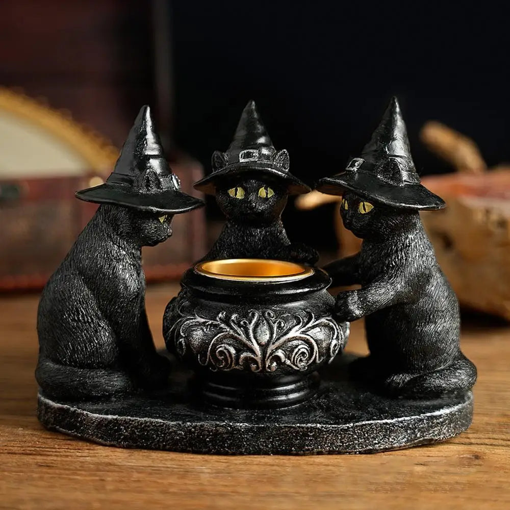 Black Cat Cauldron Witch Candle Holder