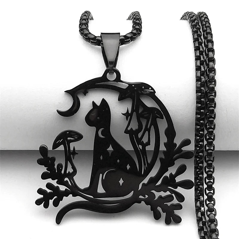 Black Cat Moon Mushroom Necklaces