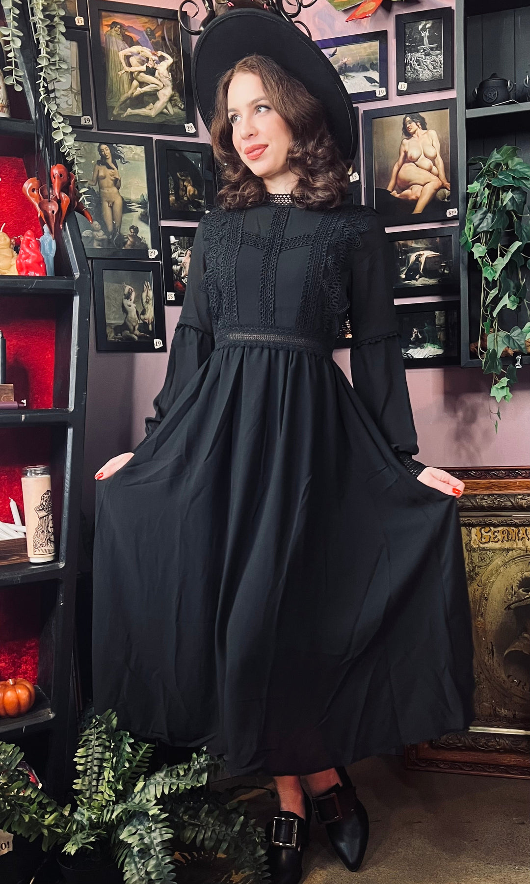 cottagecore black dress Evelaine Linen Dress Black Cottagecore Dress | Square Neck Romantic Midi | Linenpinafore | Handmade Ethical Heirloom Clothing