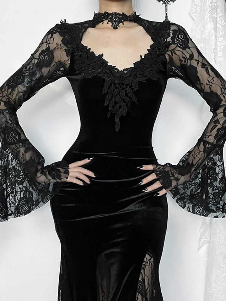 Black Long Sleeve Velvet Lace Dress