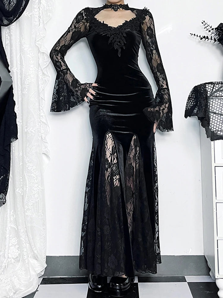 Black Velvet Long Sleeve Lace Dress