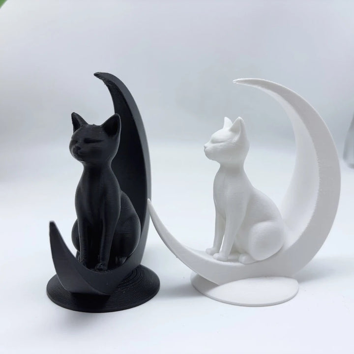 Black White Cat Crescent Moon Statues
