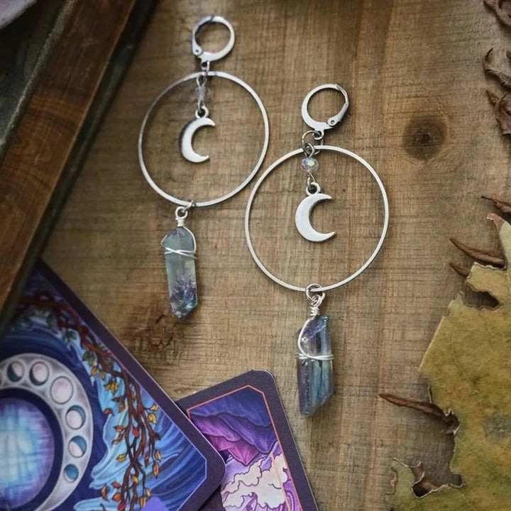 Blue Aura Quartz Moon Ear Hook Earrings