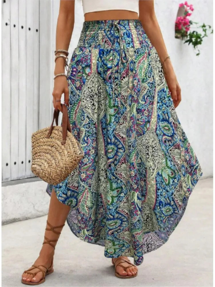 Blue Green Boho Floral Skirt