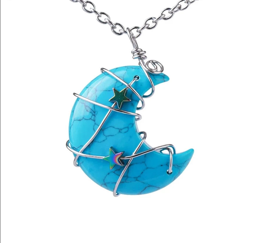 Blue Howlite Crescent Moon & Star Wire Wrap Silver Necklace