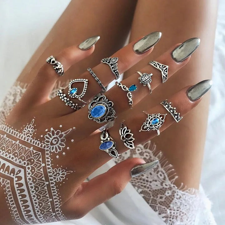 Blue Stone Boho Ring Set