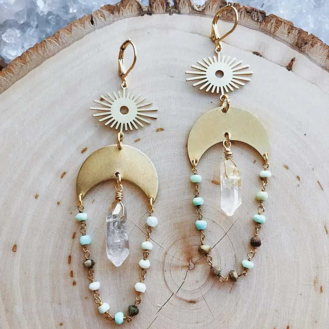Boho Eye Moon Crystal Gold Earrings