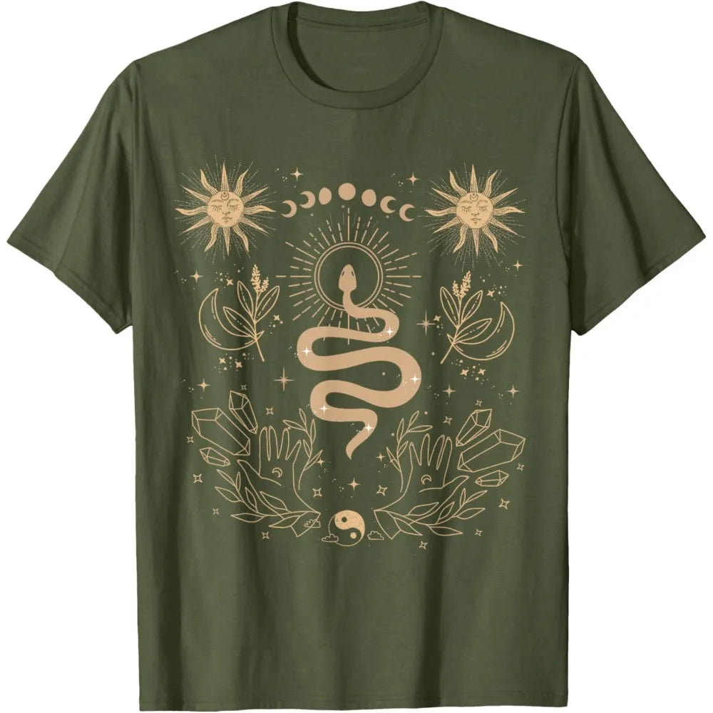 Boho Moon Snake Olive Green T-Shirt