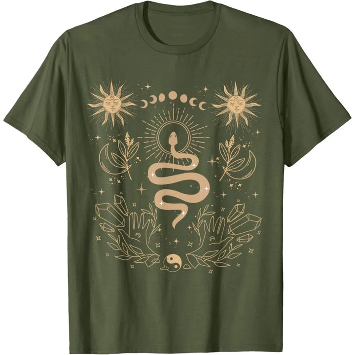 Boho Moon Snake Olive Green T-Shirt