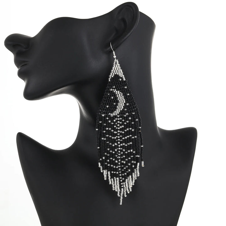 Boho Silver Moon Tassel Earrings