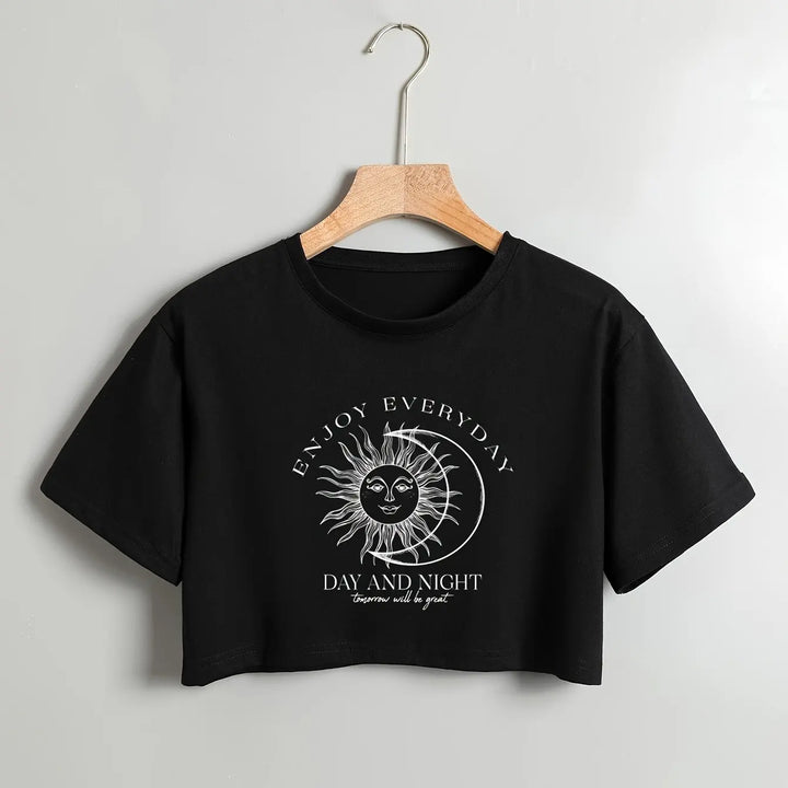 Boho Sun Moon Black Crop Top
