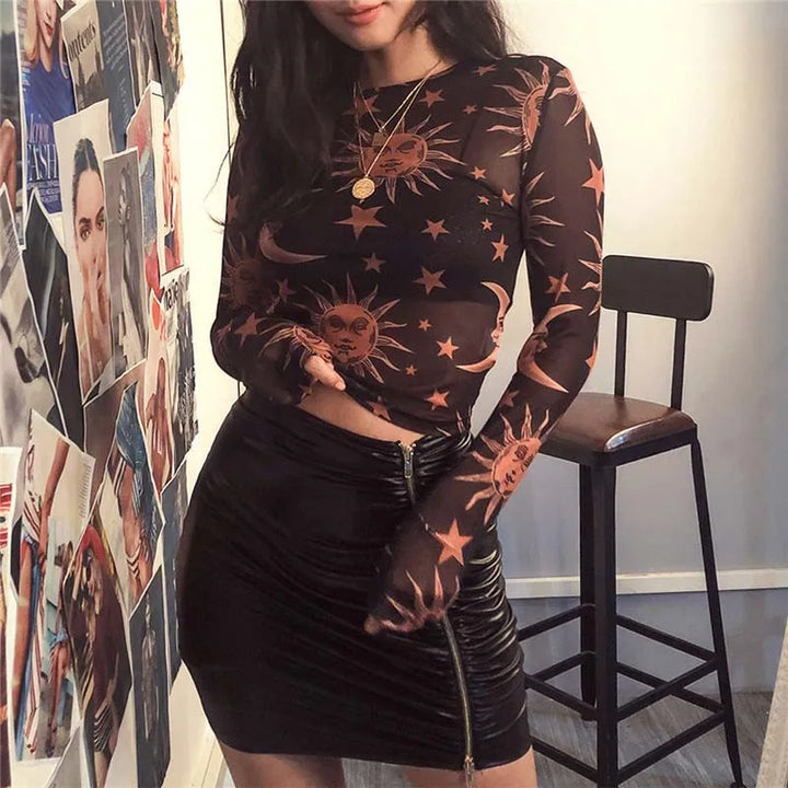 Boho Sun Moon Black Mesh Long Sleeve